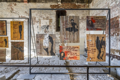 France, Vaucluse, Avignon, Palais des Papes (Palace of the Popes) listed as World heritage by UNESCO, Chamberlain's room, exhibition A la vie, à l’amor in 2024 by street art artist Miss.Tic known for her stencil works