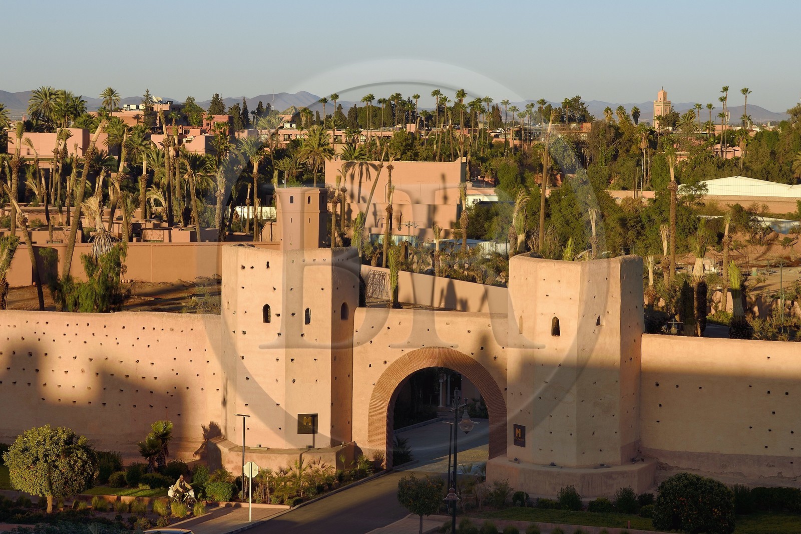 Morocco, High Atlas, Marrakech, Imperial city, Medina listed as World Heritage by UNESCO, one of the city ramparts gates and Royal Mansour Hotel entrance