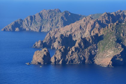 France, Corse du Sud, Golfe de Girolata, listed as World Heritage by UNESCO, Nature Reserve of the peninsula of Scandola (aerial view)