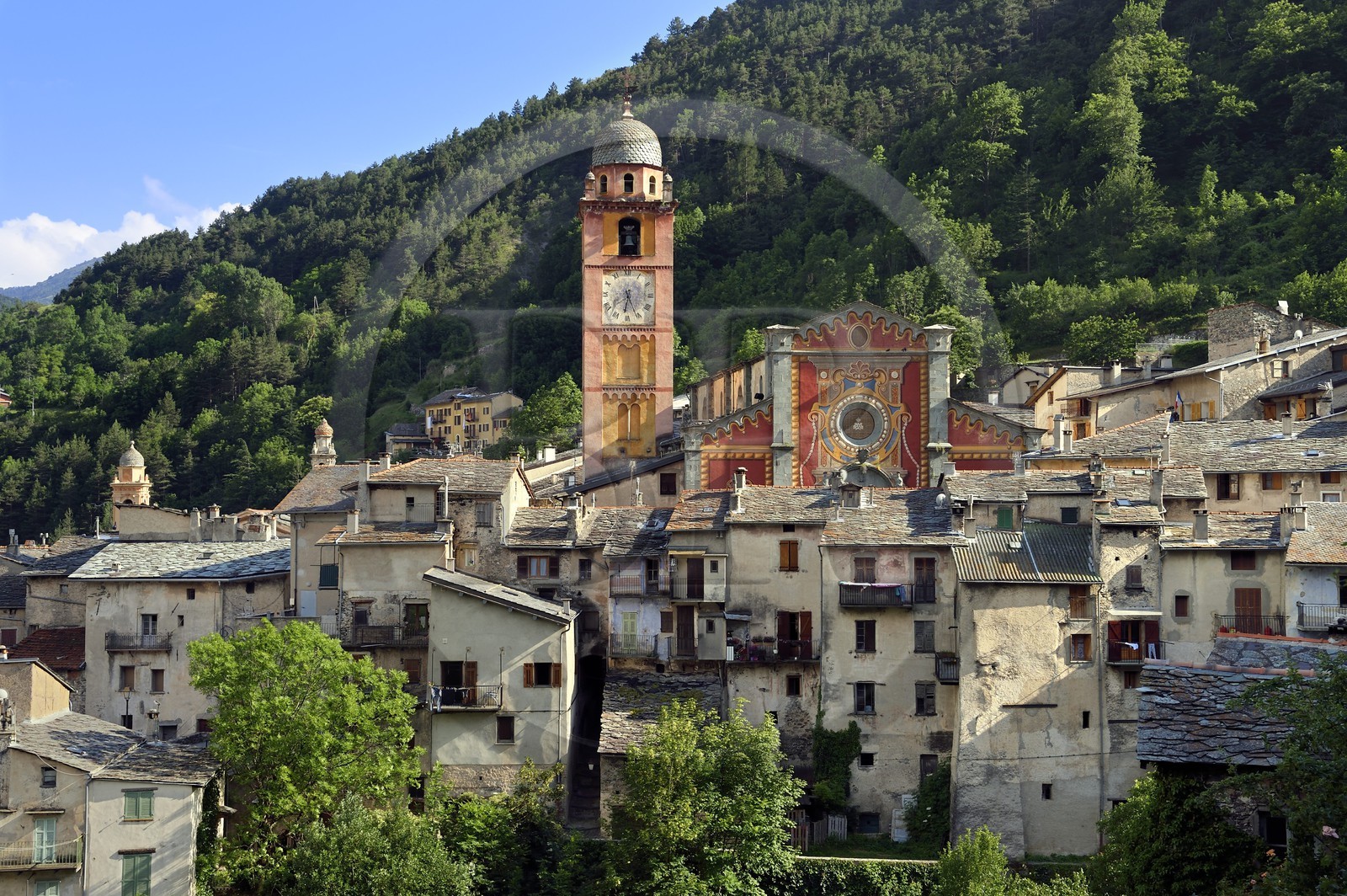 France, Alpes-Maritimes (06), vallée de la Roya (arrière-pays niçois), au pied du parc national du Mercantour, Tende, la collégiale Notre Dame de l'Assomption dans un enchevetrement de toits en lauze