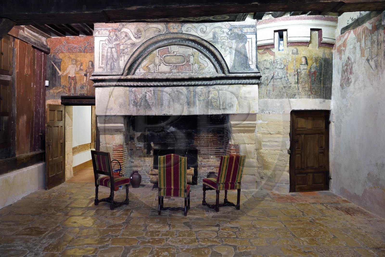 France, Calvados, Pays d'Auge, 15th and 16th century Saint Germain de Livet Castle labeled Museum of France, 16th century fresco in the guard room