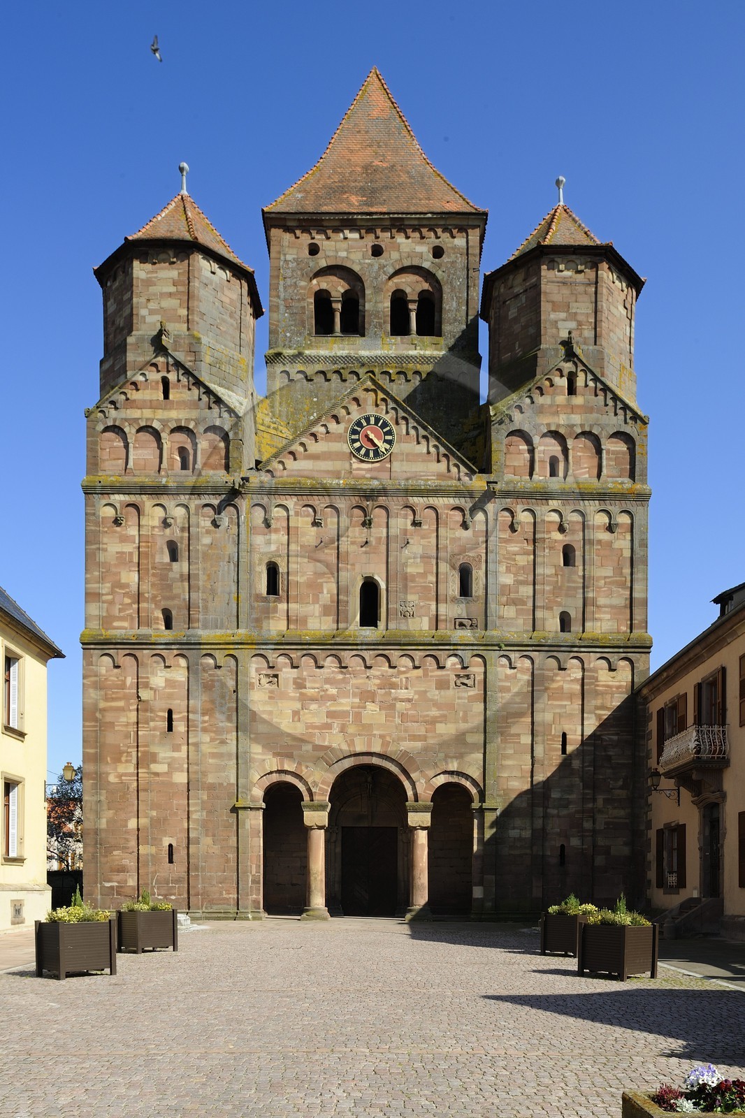 France, Bas Rhin, Marmoutier, Roman abbey church dated 6th century, western Facade in red sandstone from Vosges Mountains
