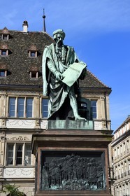 France, Bas Rhin, Strasbourg, old town listed as World Heritage by UNESCO, Place Gutenberg, the statue of Gutenberg by the sculptor David d'Angers and the Chamber of Commerce and Industry of Alsace in the background