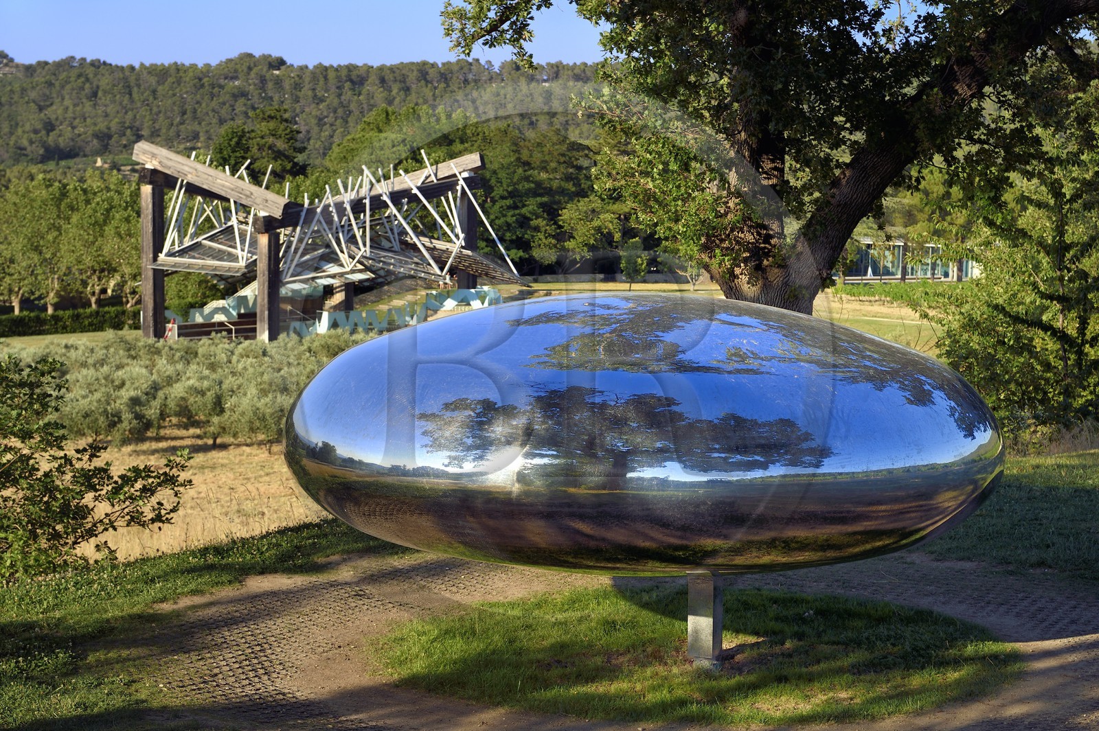 France, Bouches du Rhone, Le Puy Sainte Reparade, Chateau La Coste vineyard and contemporary art center, Drop by Tom Shannon and music Pavillon by Frank O. Gehry in the background (Compulsory Mention)