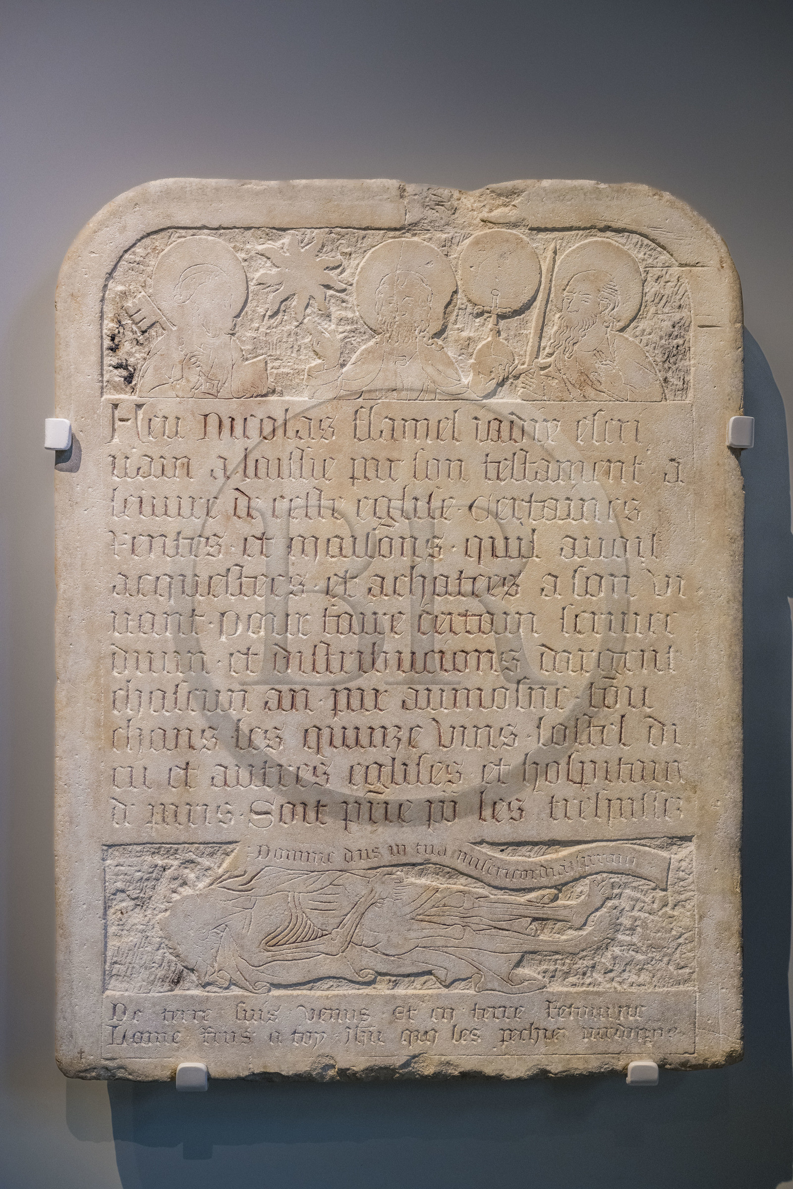 France, Paris (75), Musée de Cluny - Musée national du Moyen-Age, épitaphe de Nicolas Flamel (1418)