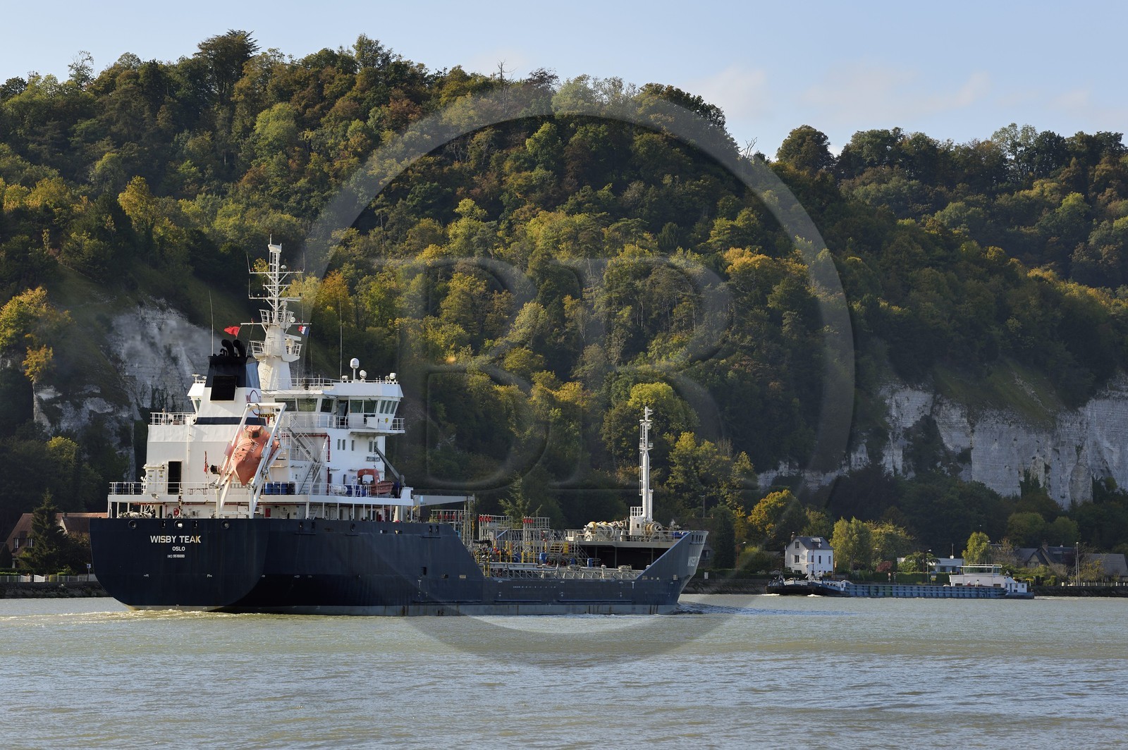 France, Seine-Maritime (76), Parc naturel régional des Boucles de la Seine normande, La Bouille, un cargo croise une péniche dans les boucles de la Seine