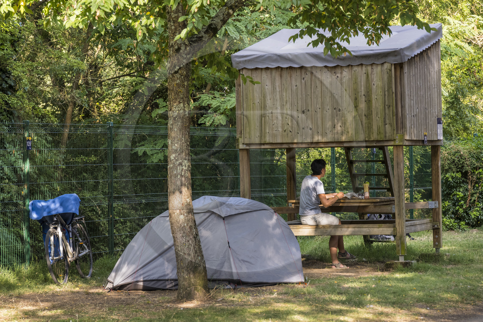 France, Maine-et-Loire (49), vallée de la Loire classée au Patrimoine Mondial par l'UNESCO, Saumur, Flower Camping l'Ile d'Offard, tente surélevée, hebergement destiné aux cyclistes