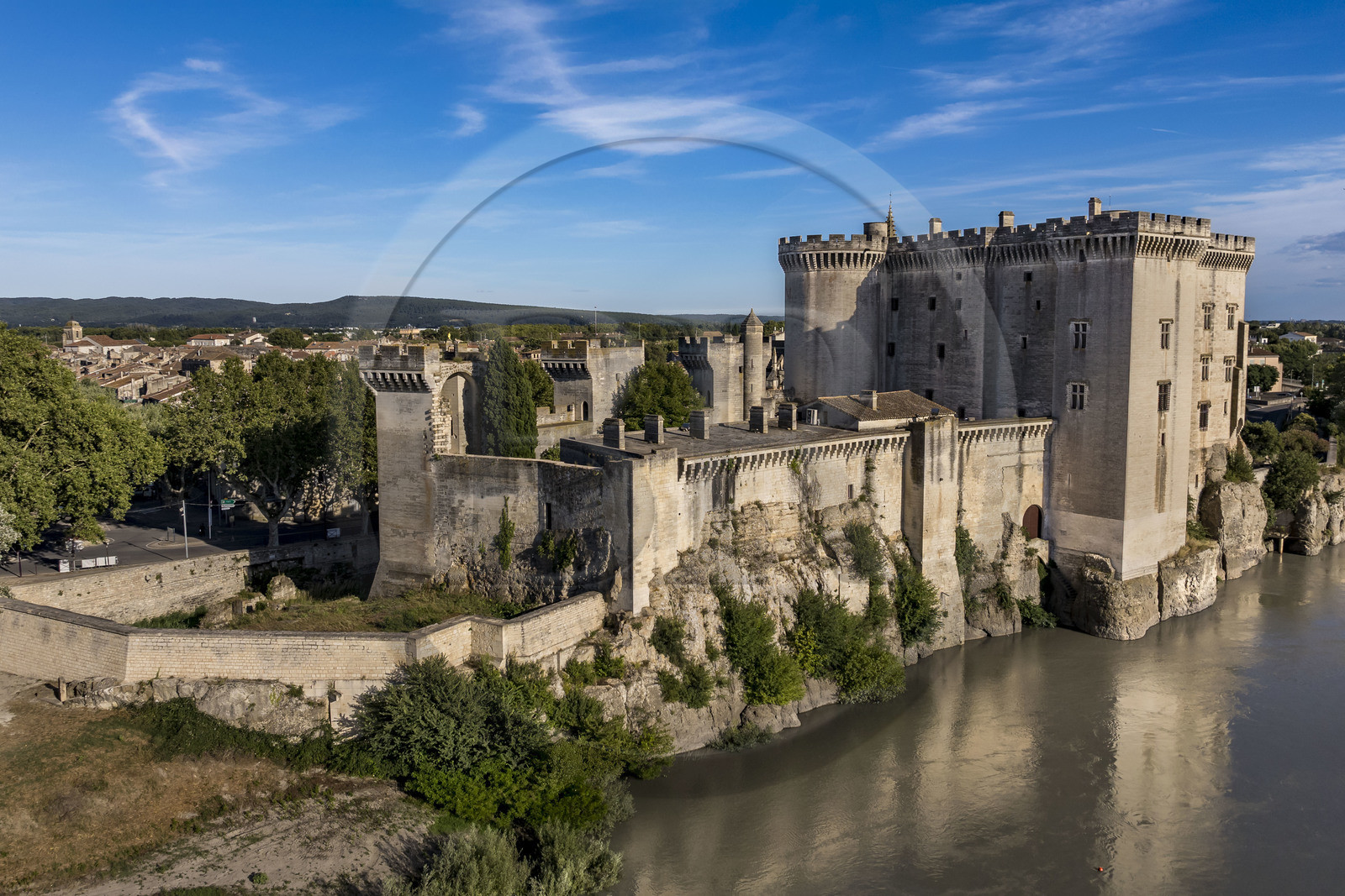 France, Bouches du Rhone, Tarascon, the 15th century castle of King René on the banks of the Rhone river (aerial view)