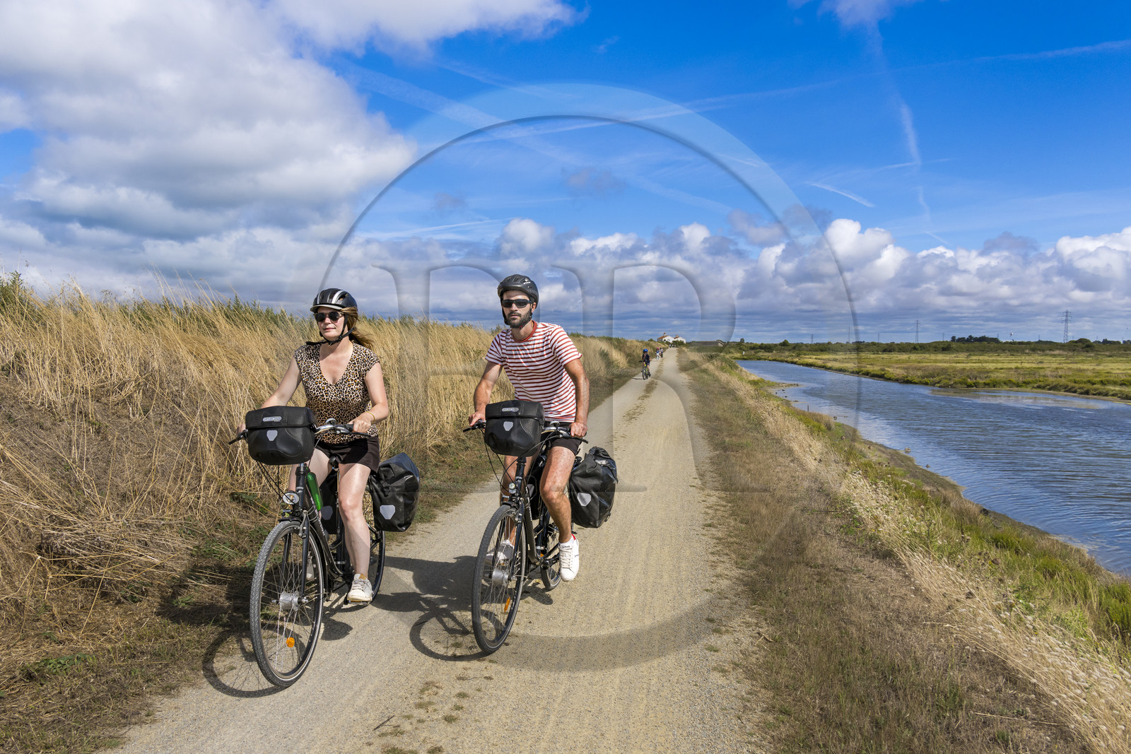France, Vendée (85), île de Noirmoutier, La Guérinière, cyclistes sur la piste cyclable qui suit la digue entre le Port de Bonhomme et le passage du Gois