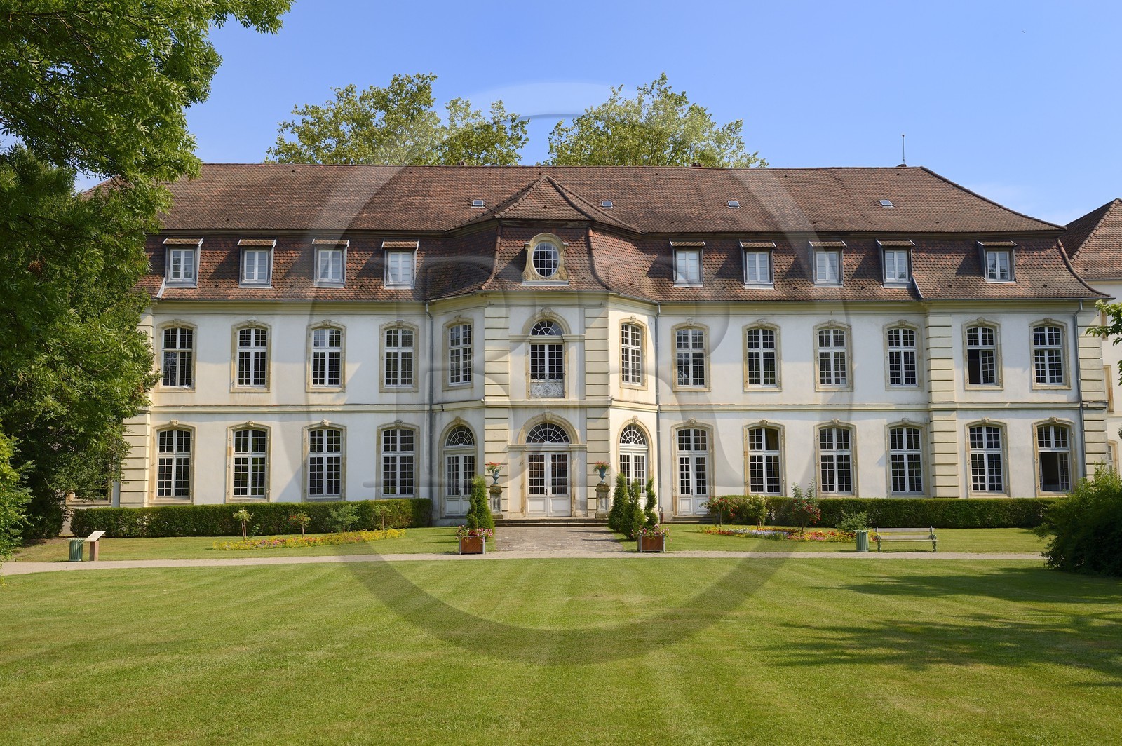 France, Haut Rhin, Mulhouse, Rixheim, Museum of the wallpaper left, town hall in the center and Jean Zuber Manufactory right, former commander of the Teutonic Knights Order
