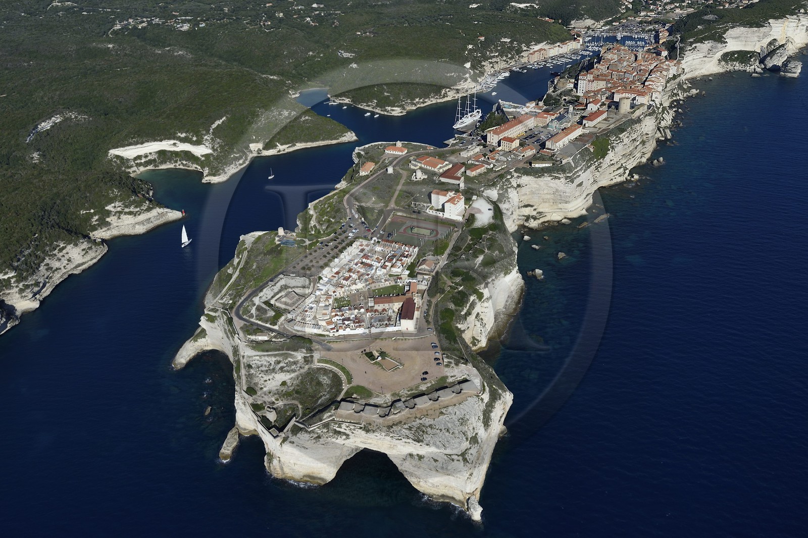 France, Corse-du-Sud (2A), Bonifacio, les falaises calcaires, la citadelle et la vieille ville (vue aérienne)