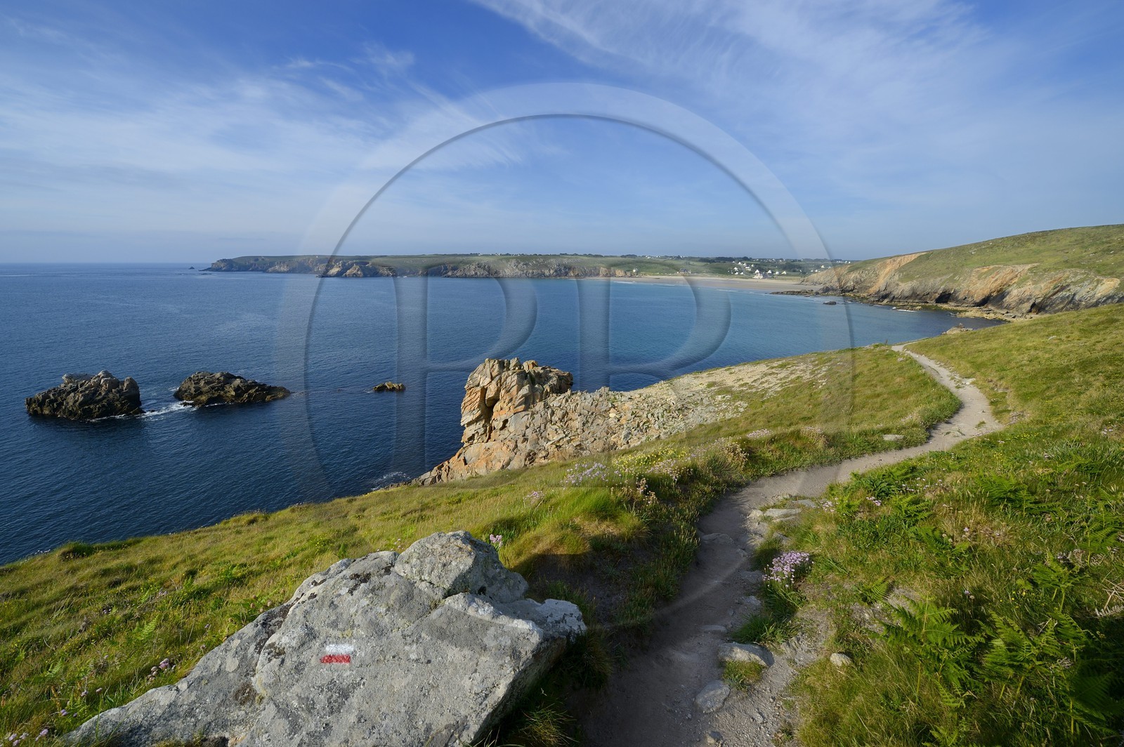 France, Finistere, Iroise Sea, Plogoff, Baie des Trepasses, between the Pointe du Raz and the Pointe du Van in the background, GR 34 trail