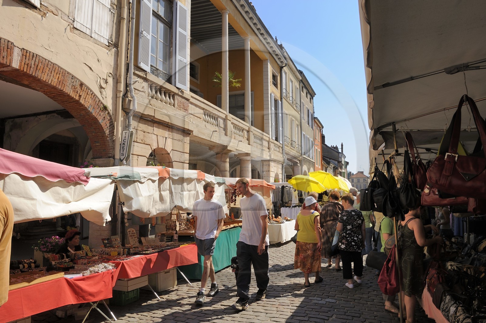 France, Saône et Loire (71), Louhans, le marché du lundi, les arcades de Grande-Rue