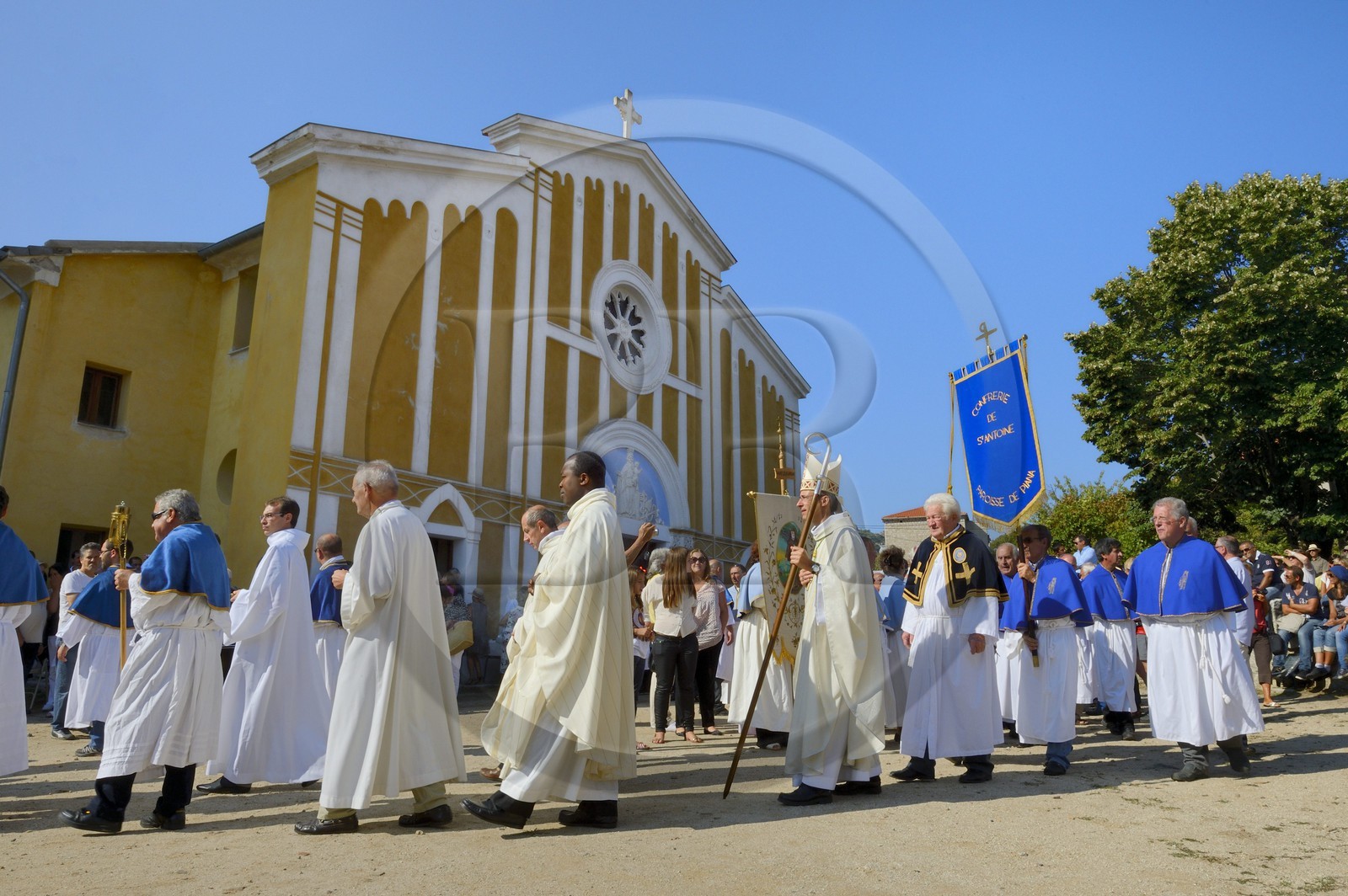 France, Haute Corse, Niolu (Niolo) region, Casamaccioli, la Santa di Niolu religious festivity to celebrate the Nativity of the Virgin, procession of religious brotherhoods members