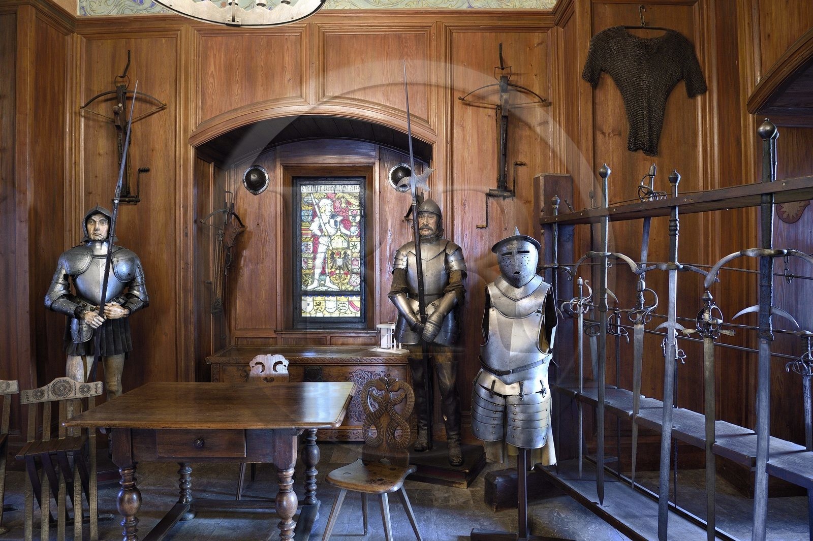 France, Bas Rhin, Orschwiller, Alsace Wine Road, Haut Koenigsbourg Castle, the arms room presents the various halberds, swords, crossbows and armors