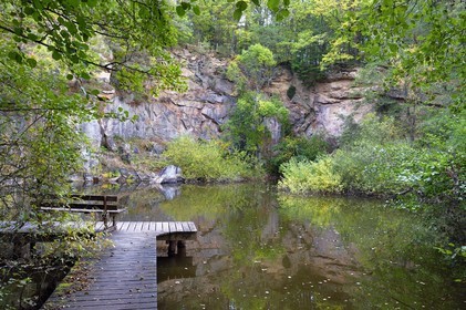 France, Haut Rhin, Thannenkirch, hiking in the Taennchel massif, old granite quarry in the forest of Bergheim