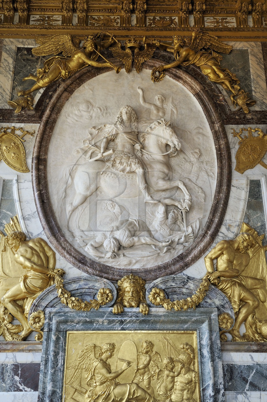 France, Yvelines, Chateau de Versailles, listed as World Heritage by UNESCO, the War Drawing room at the end of the Galerie des Glaces (Hall of Mirrors) with King Louis XIV
