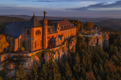 France, Bas Rhin, Mont Saint Odile, Mont Sainte-Odile Abbey also known as Hohenburg Abbey, statue of Saint Odile placed on the roof of the convent and facing the plain of Alsace (aerial view)
