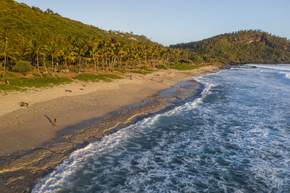 France, Reunion island (French overseas department), Petite-Ile on the southern coast, Grande Anse white sand beach at the foot of the Grande-Anse peak (aerial view)