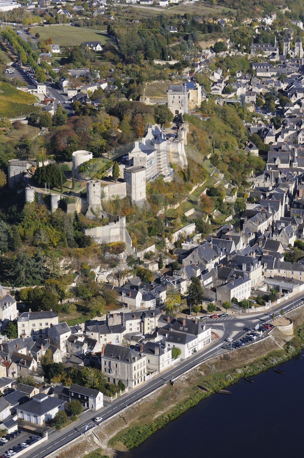 France, Indre et Loire, Loire valley listed as World Heritage by UNESCO, Chinon, its medieval castle and the Vienne river (aerial view)