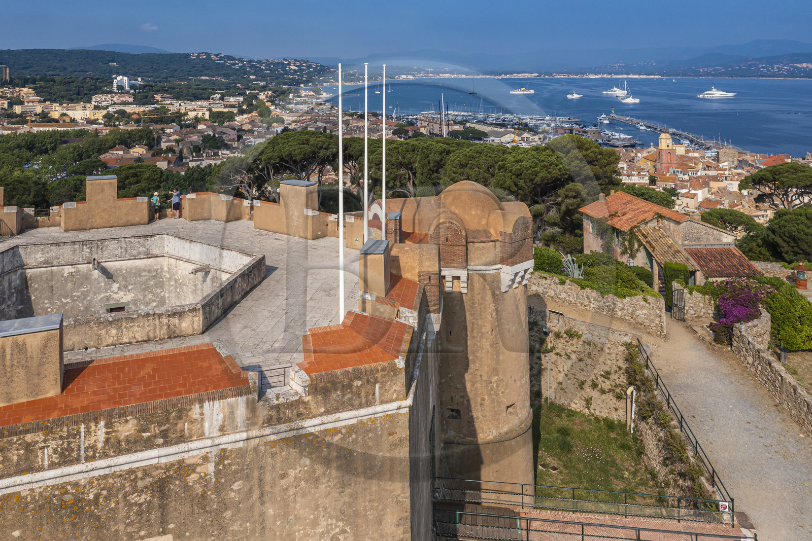France, Var, Saint-Tropez, 16th century the citadel which houses the maritime history museum, the city is in the background (aerial view)