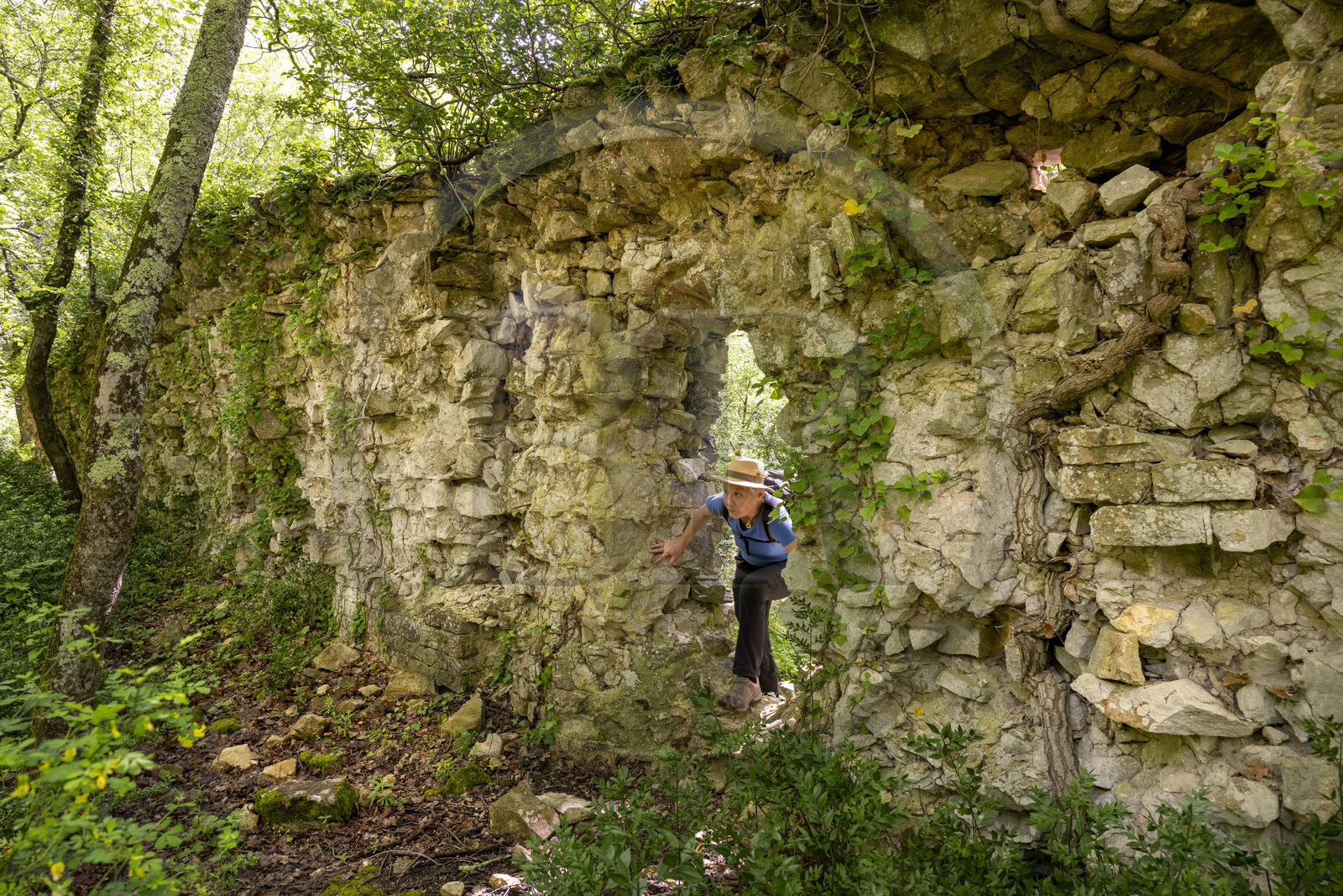 France, Vaucluse (84), Dentelles de Montmirail, Sablet, randonneuse sur le site en ruine d'une abbaye de moniales du VIIe siècle dans le vallon de Prébayon