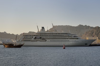Sultanate of Oman, Muscat, old Muscat, Muttrah port, Oman Royal Yacht Squadron, the Fulk al Salamah the Sultan's secondary yacht moored at the docks at Mina Qaboos