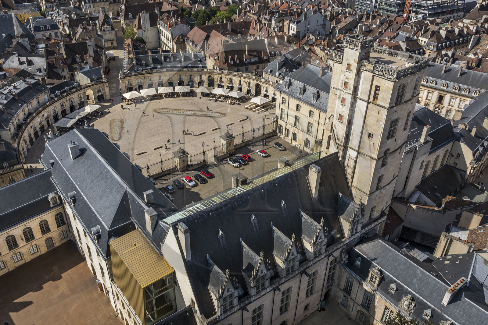 France, Cote d'Or, Dijon, area listed as World Heritage by UNESCO, Palace of the Dukes of Burgundy on the Place de la Libération topped by the Philippe Le Bon tower (aerial view)