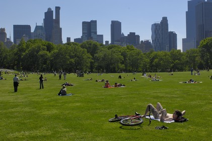 Etats-Unis, New York, Central park, farniente et sport le dimanche sur la pelouse The Sheep Meadow