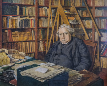 France, Côtes-d'Armor (22), Tréguier, musée Ernest-Renan, tableau le représentant dans son cabinet de travail de Renan au Collège de France à Paris