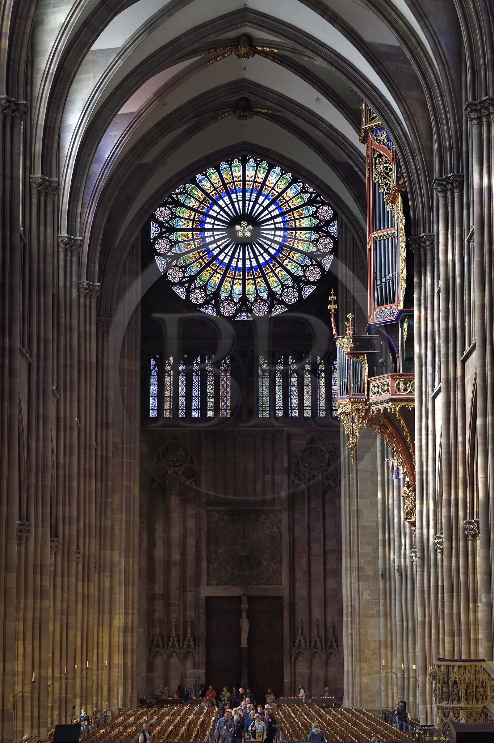 France, Bas Rhin, Strasbourg, old town listed as World Heritage by UNESCO, Notre Dame Cathedral, the big Rose Window of the western facade with a diameter of 13.60 m and the great organ above the nave