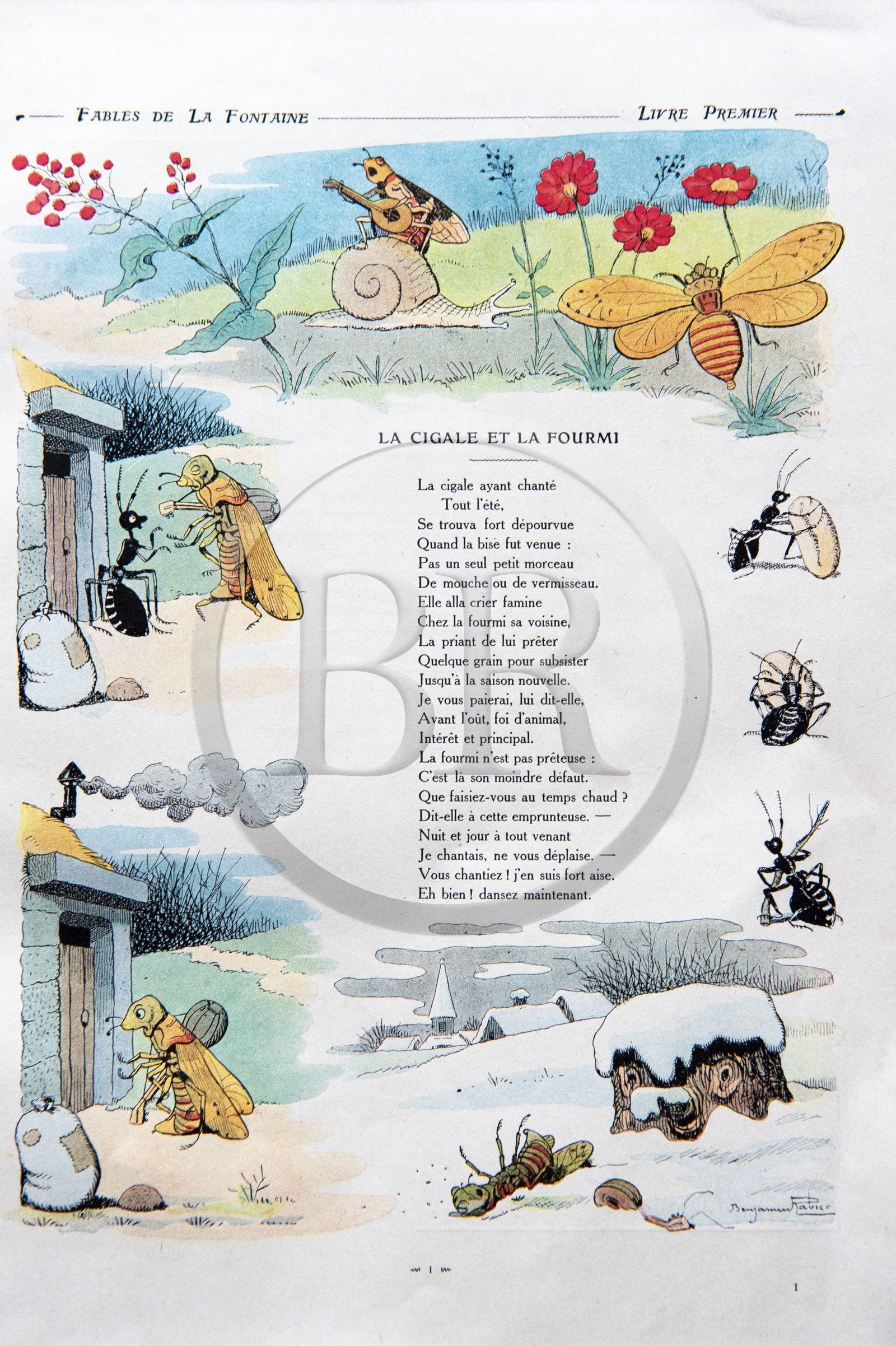 France, Aisne (02), Château-Thierry, Musée Jean de La Fontaine - Ville de Chateau-Thierry, livre des Fables de La Fontaine illustrées par Benjamin Rabier, Edition Jules Tallandier, 1906, in-folio, la Cigale et la Fourmi fable I du livre I
