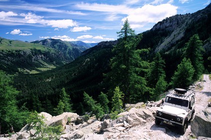 France, Alpes Maritimes, Mercantour National Park, Vallee des Merveilles near Fontanalbe, Land Rover from the park guards on a steep track