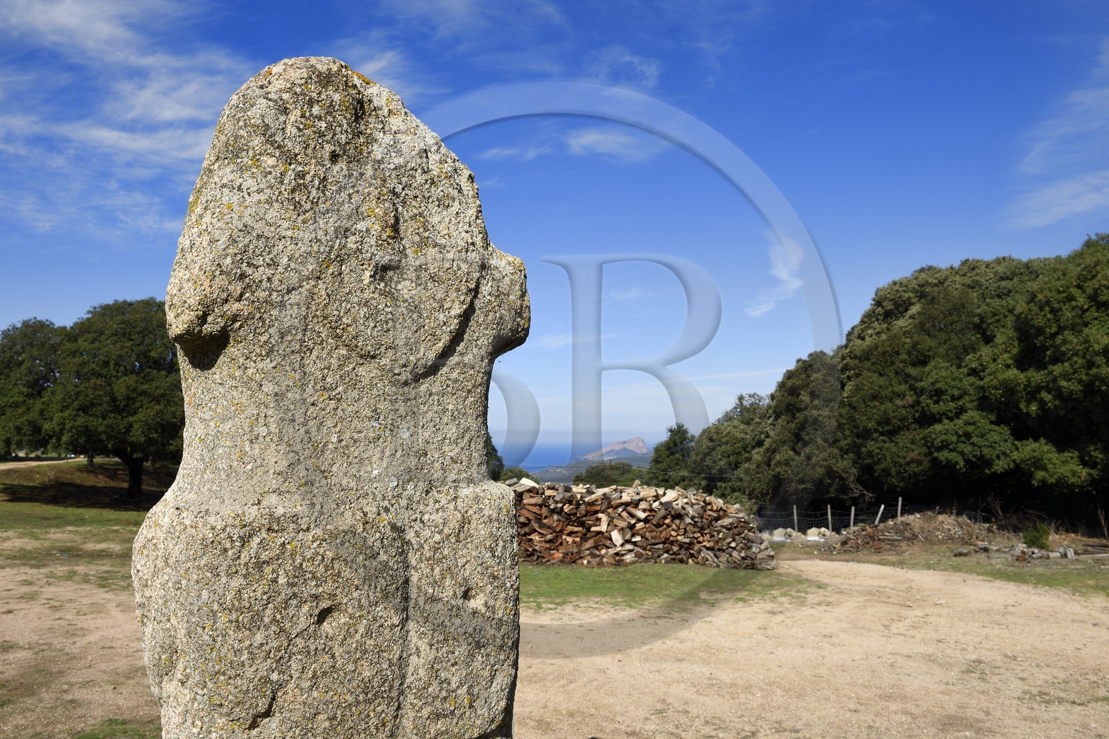 France, Corse-du-Sud (2A), Cargèse, menhir sculpté d'U Scumunicatu, pierre dressée datée approximativement 2500 avant Jésus-Christ