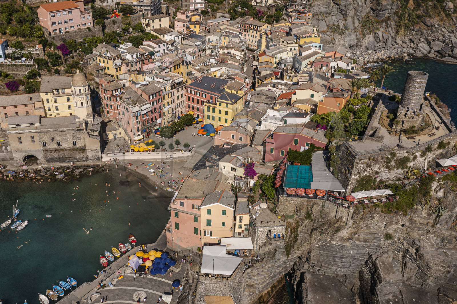 Italy, Liguria, Cinque Terre National Park listed as World Heritage by UNESCO, village of Vernazza and its port (aerial view)