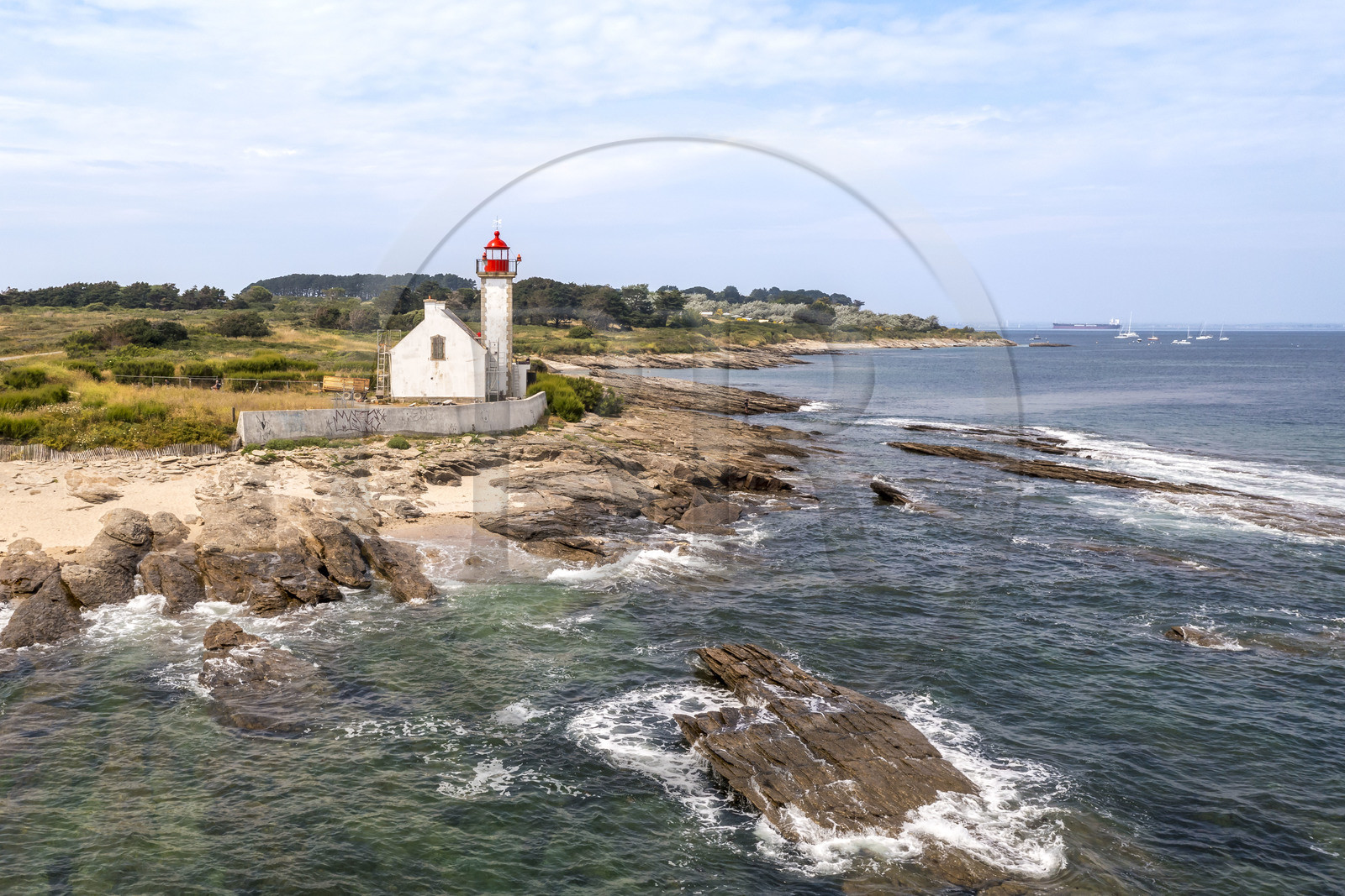 France, Morbihan, Groix Island, Locmaria, François Le Bail geological nature reserve, the Pointe des Chats lighthouse (aerial view)