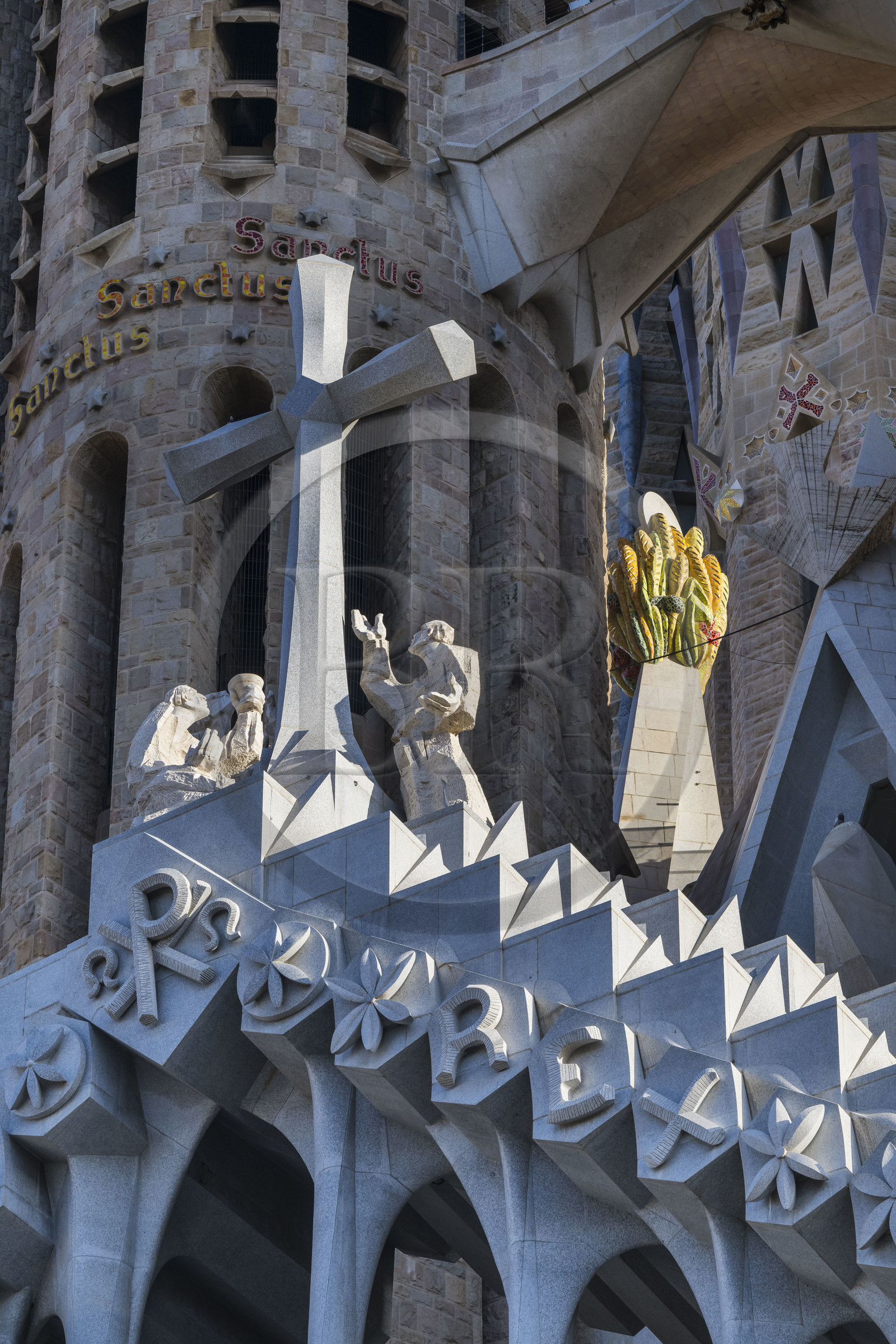 Spain, Catalonia, Barcelona, Eixample district, Sagrada Familia basilica by Catalan modernist architect Antoni Gaudi, listed as a UNESCO World Heritage Site, the passion facade, the Glorious Cross