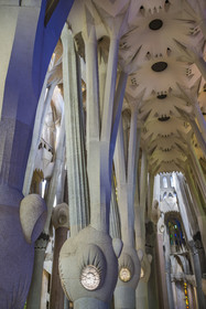 Spain, Catalonia, Barcelona, Eixample district, Sagrada Familia basilica by Catalan modernist architect Antoni Gaudi, listed as a UNESCO World Heritage Site, above the node, the columns of the central vessel (nave) are subdivided into branches like a tree