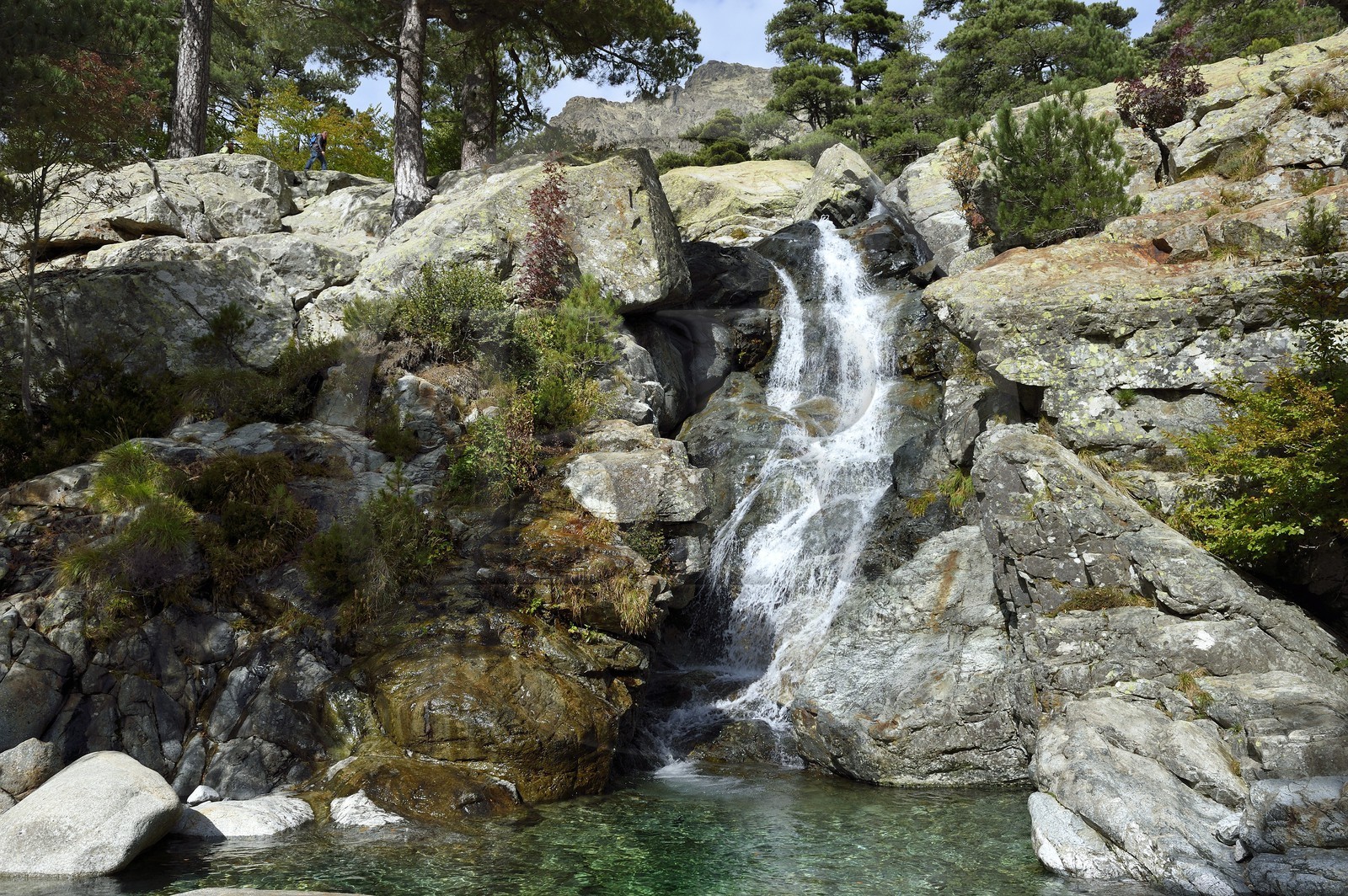 France, Haute Corse, Vivario, hiking on the GR 20, between Onda refuge and Vizzavona, Vizzavona forest, Englishmen cascades, waterfalls group in the Agnone valley under the Monte d'Oro