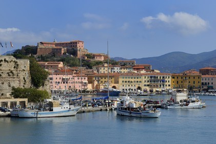 Italy, Tuscany, Elba Island, Portoferraio, the Fort Stella in the old town and the fishing port