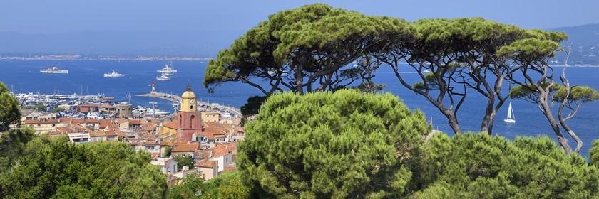 France, Var, Saint-Tropez, Notre Dame de l'Assomption parish church seen from the citadel, Grimaud in the background