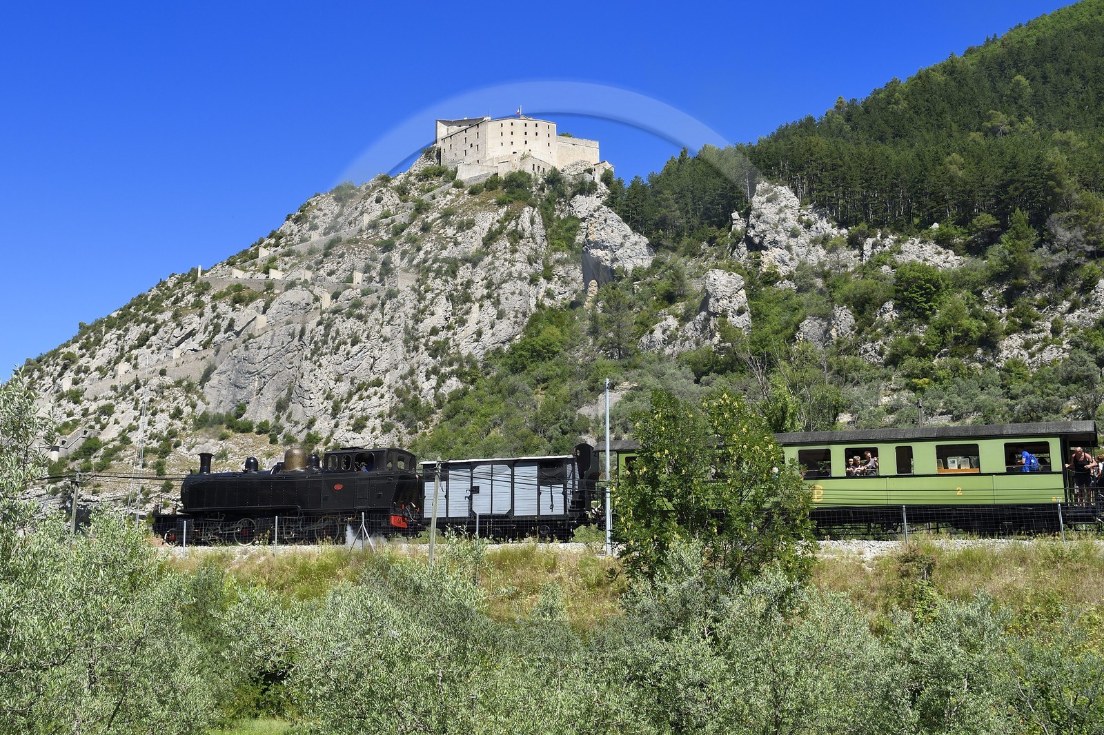 France, Alpes de Haute Provence, Entrevaux Medieval city fortified by Vauban, Train des Pignes historic train