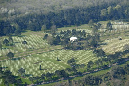 France, Calvados, Colleville sur Mer, Omaha Beach, Normandy American cemetery (aerial view).