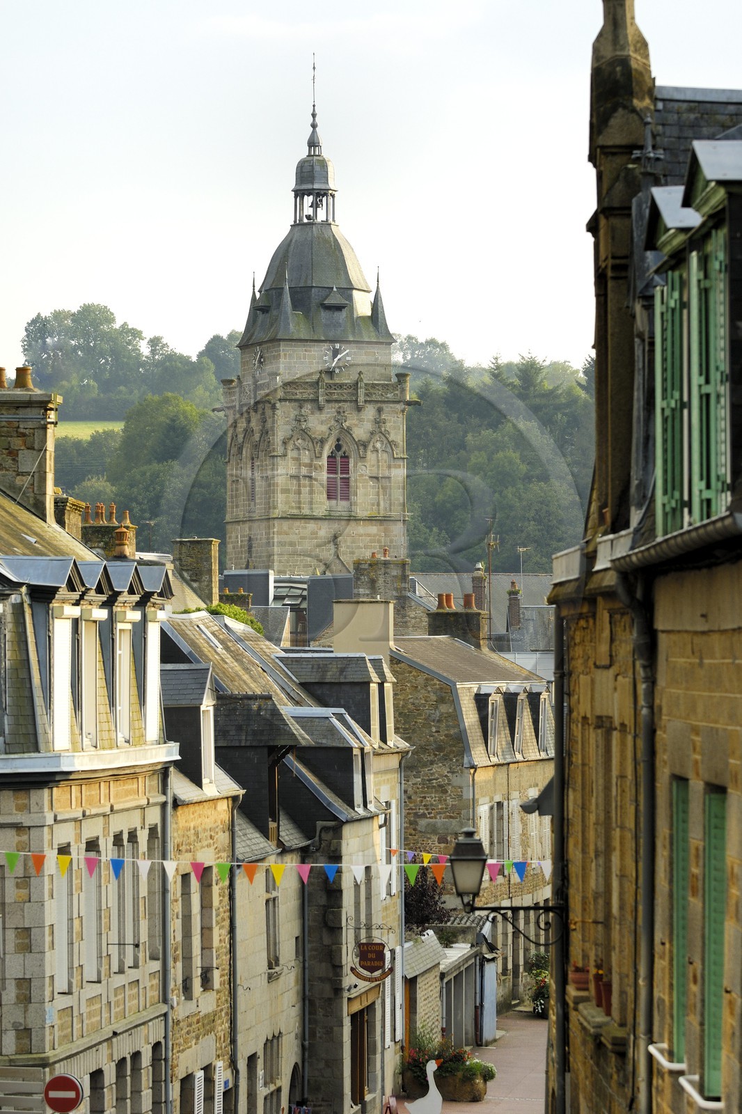 France, Manche, Villedieu les Poeles, Dr Havard Street and Notre Dame church