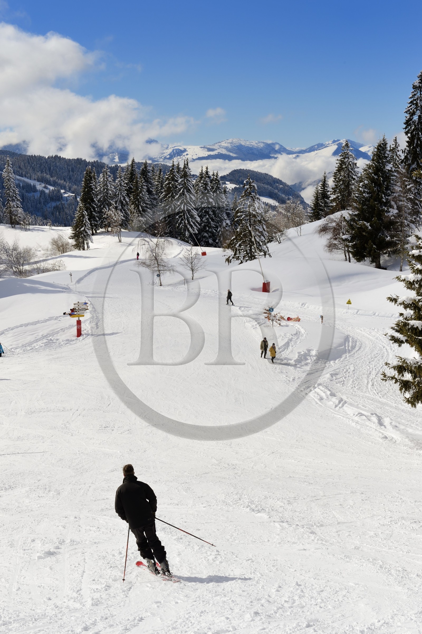 France, Haute-Savoie (74), Morzine, la vallée d'Aulps, massif du Chablais, domaine skiable des Portes du Soleil, piste de ski sur le Pléney (1554m) en direction des Gets