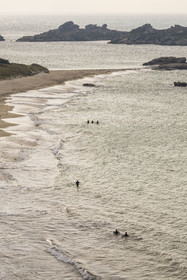 France, Cotes-d'Armor, Cote de Granit Rose, Trégastel, Grève Blanche beach, practice of water walking along the coast