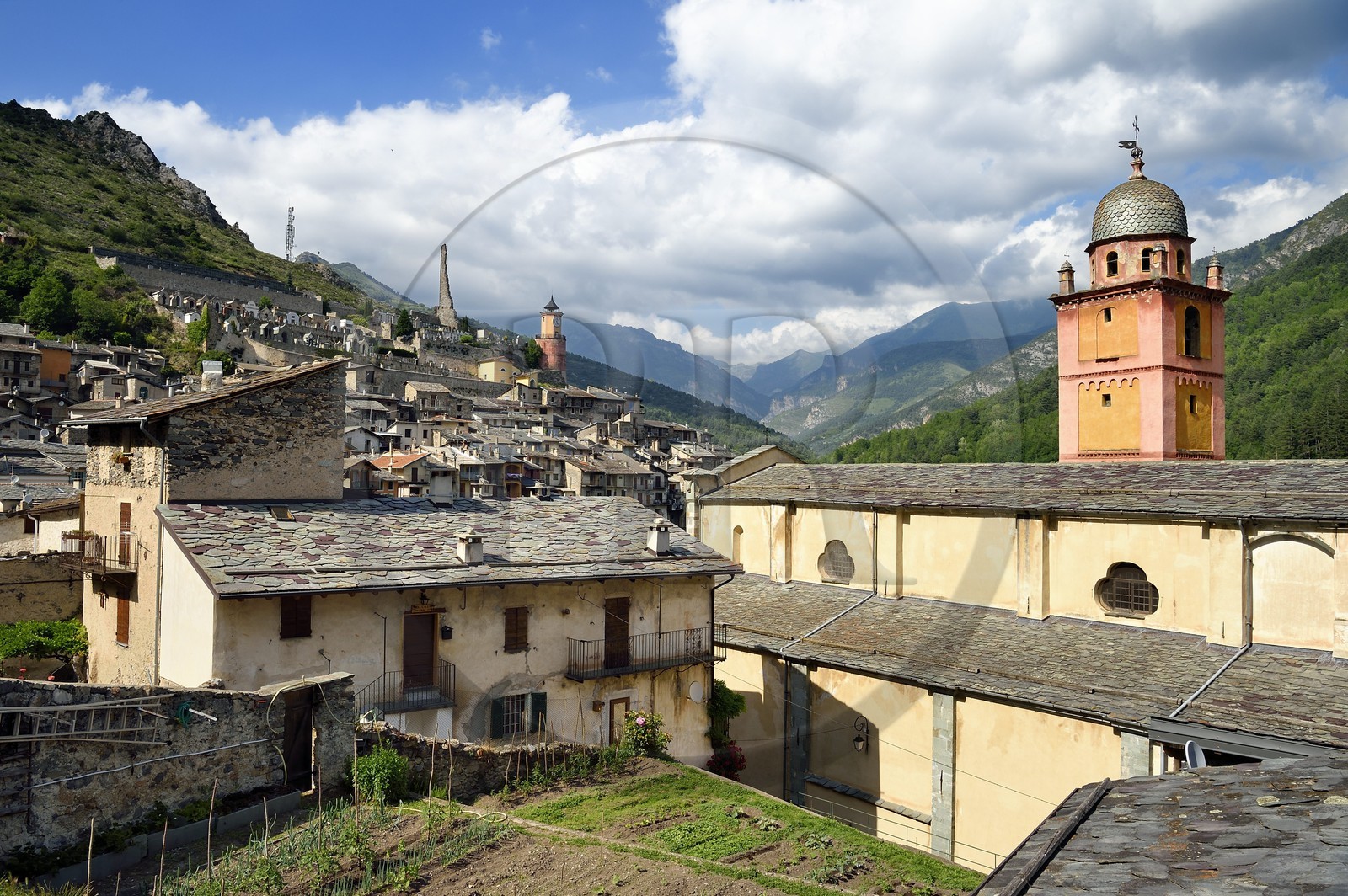 France, Alpes-Maritimes (06), vallée de la Roya (arrière-pays niçois), au pied du parc national du Mercantour, Tende, la collégiale Notre Dame de l'Assomption, les vestiges du chateau de Lascaris en arrière plan