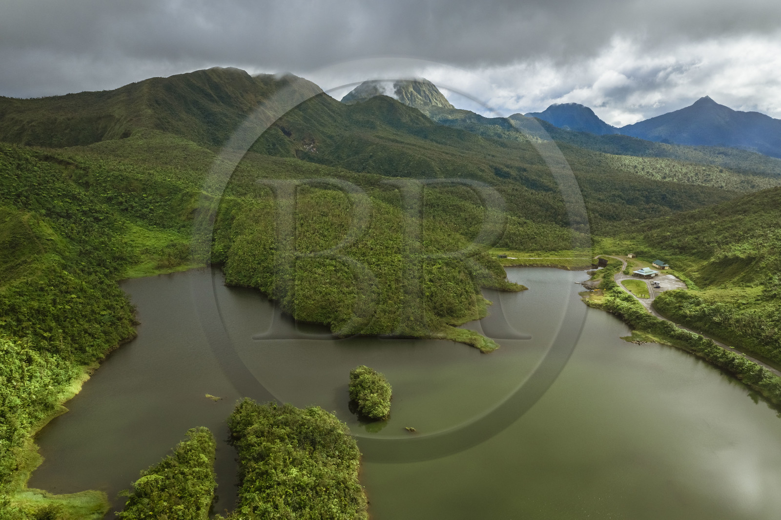 Caribbean, Dominica Island, Morne Trois Pitons National Park listed as World heritage by UNESCO,  Fresh Water Lake (aerial view)