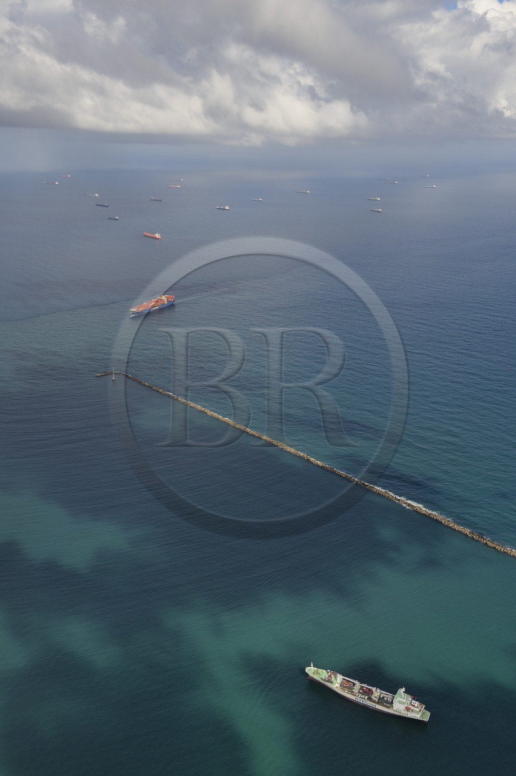 Panama, Colon province, the Limon Bay (Bahia Limon) in the Caribbean Sea at the output of the Panama Canal on the Atlantic side provides anchorage for ships waiting to transit (aerial view)