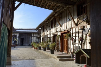 France, Marne (51), village de Saint-Amand-sur-Fion, cour intérieurs d'une ferme à pan de bois rue du Pont de l'Eglise